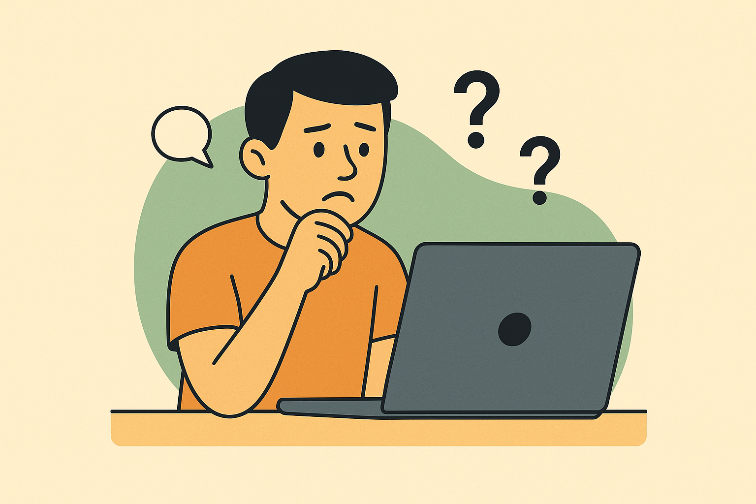 Illustration of puzzled man looking at laptop.