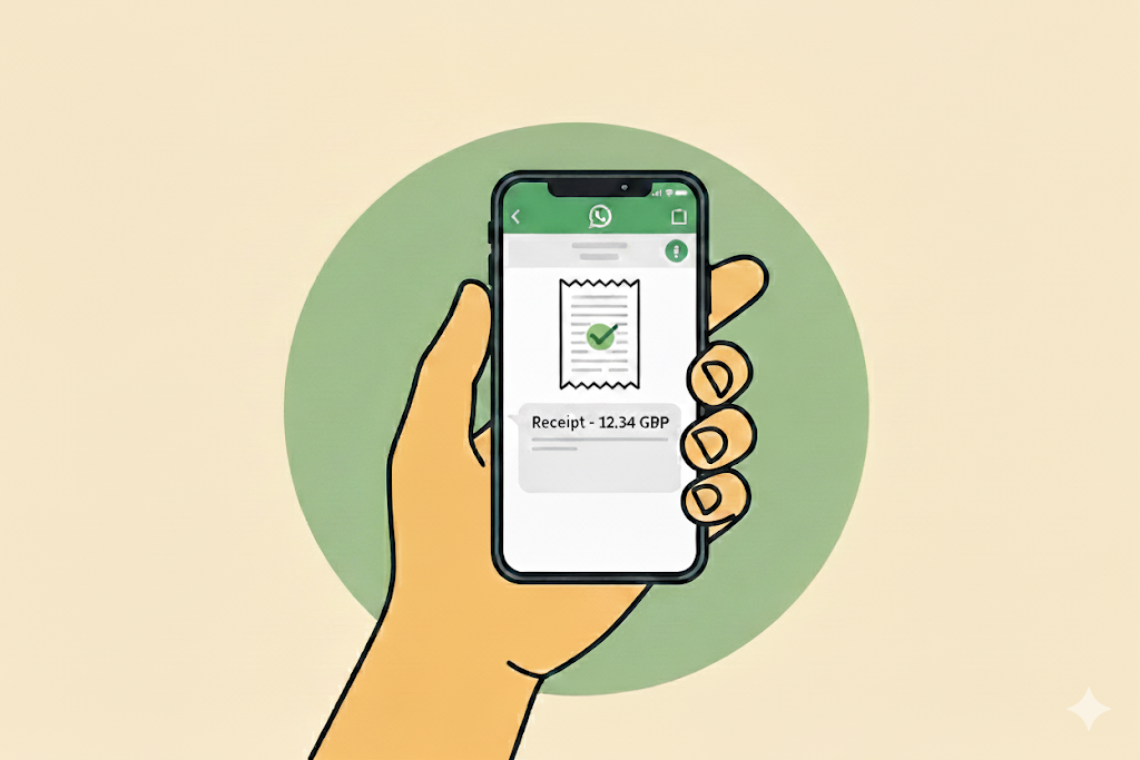 Illustration of a hand holding a phone showing a receipt sent via WhatsApp